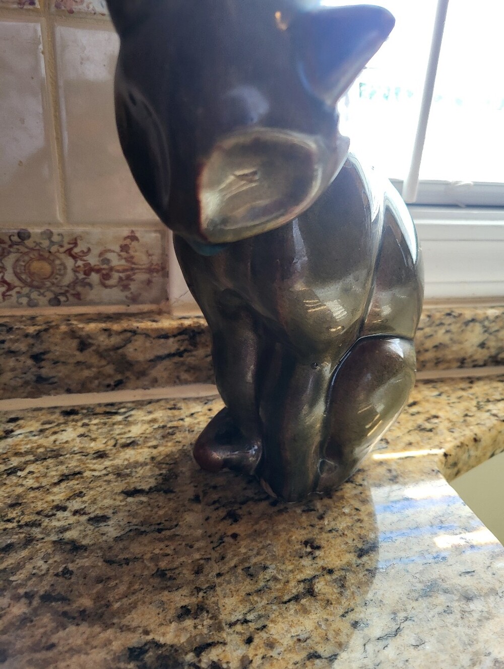 1970 Green Bronze-Tone 9x6 Inch Ceramic Cat Sculpture - Decorative Home Art